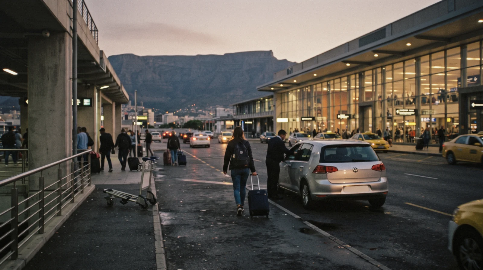 Arrivals kerb at Cape Town International at dusk with Table Mountain on the horizon, the start of the Cape Town airport to city run
