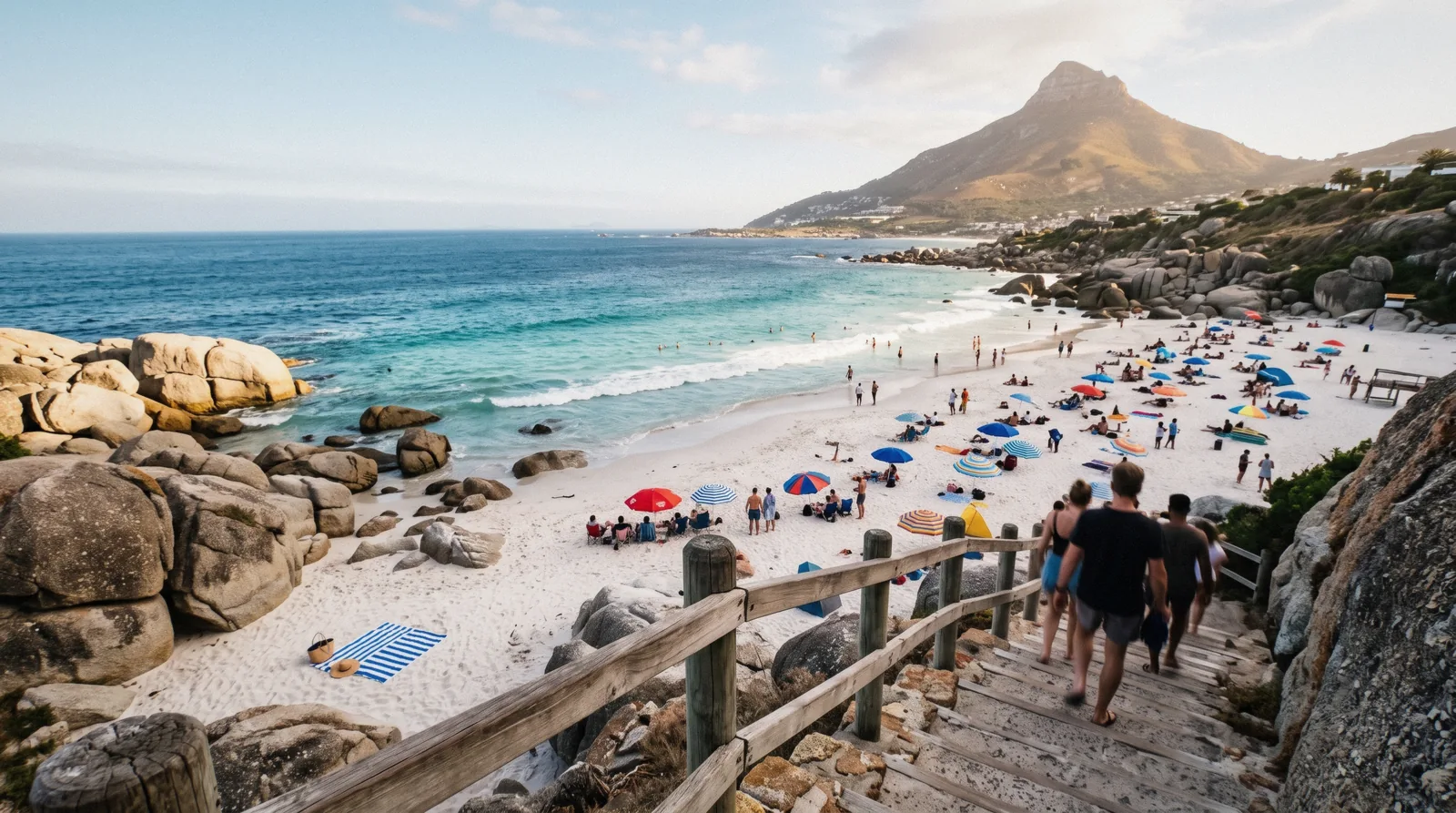 Granite boulders and white sand at Clifton in late light, the classic view of Cape Town beaches