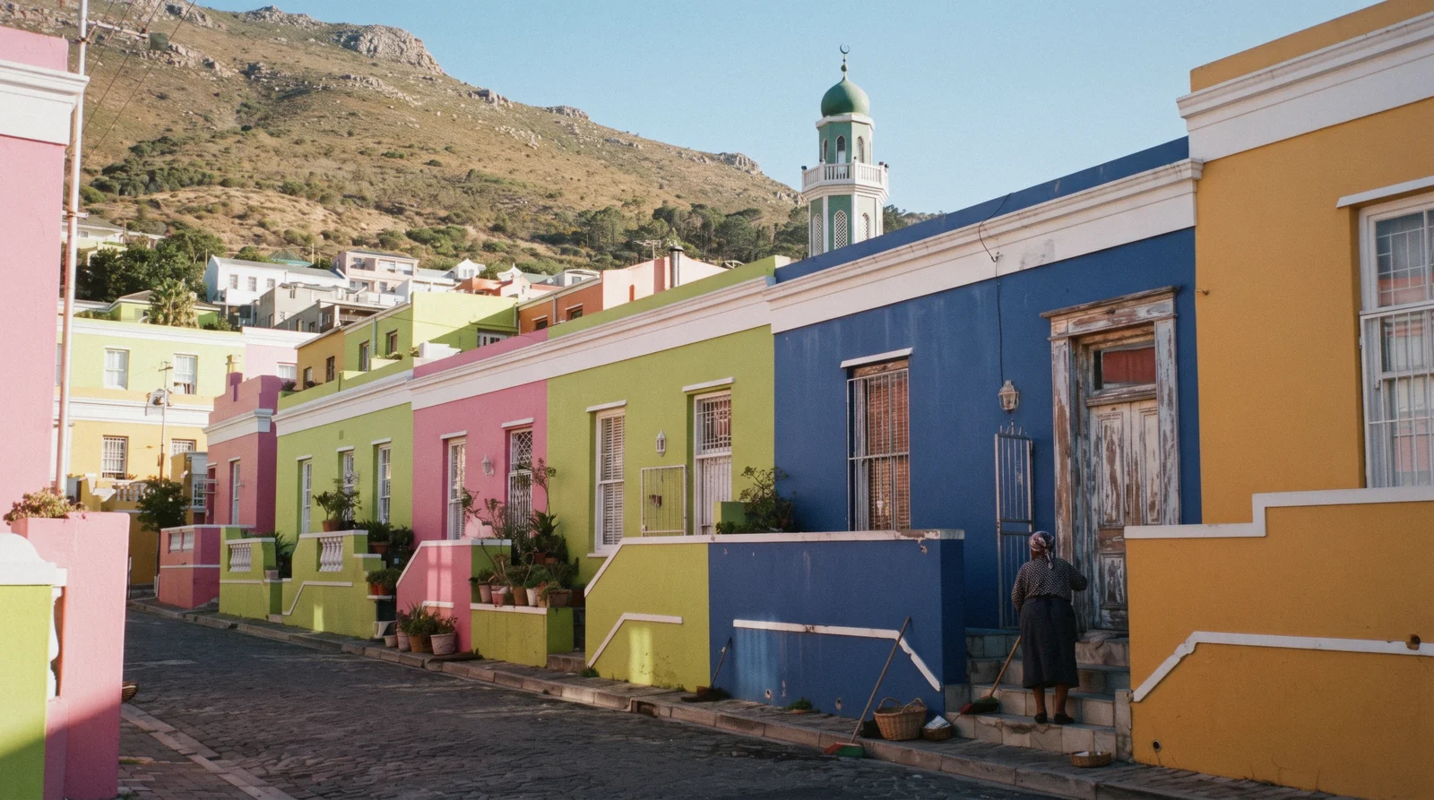 Painted houses on Chiappini Street in Bo-Kaap Cape Town with Signal Hill behind