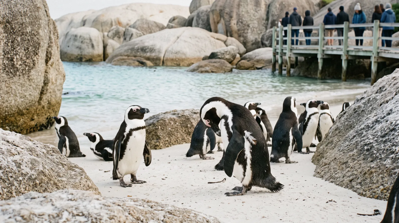 African penguins on white sand between granite boulders at 08:30 with the viewing boardwalk behind, Boulders Beach penguin colony, Simon's Town
