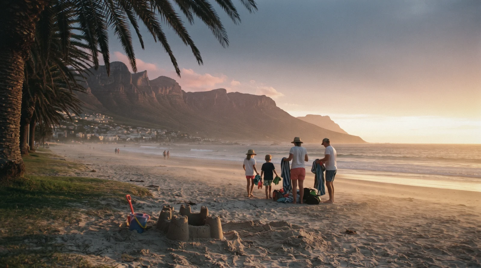 Camps Bay beach at sunset with the Twelve Apostles behind the palm-lined strip