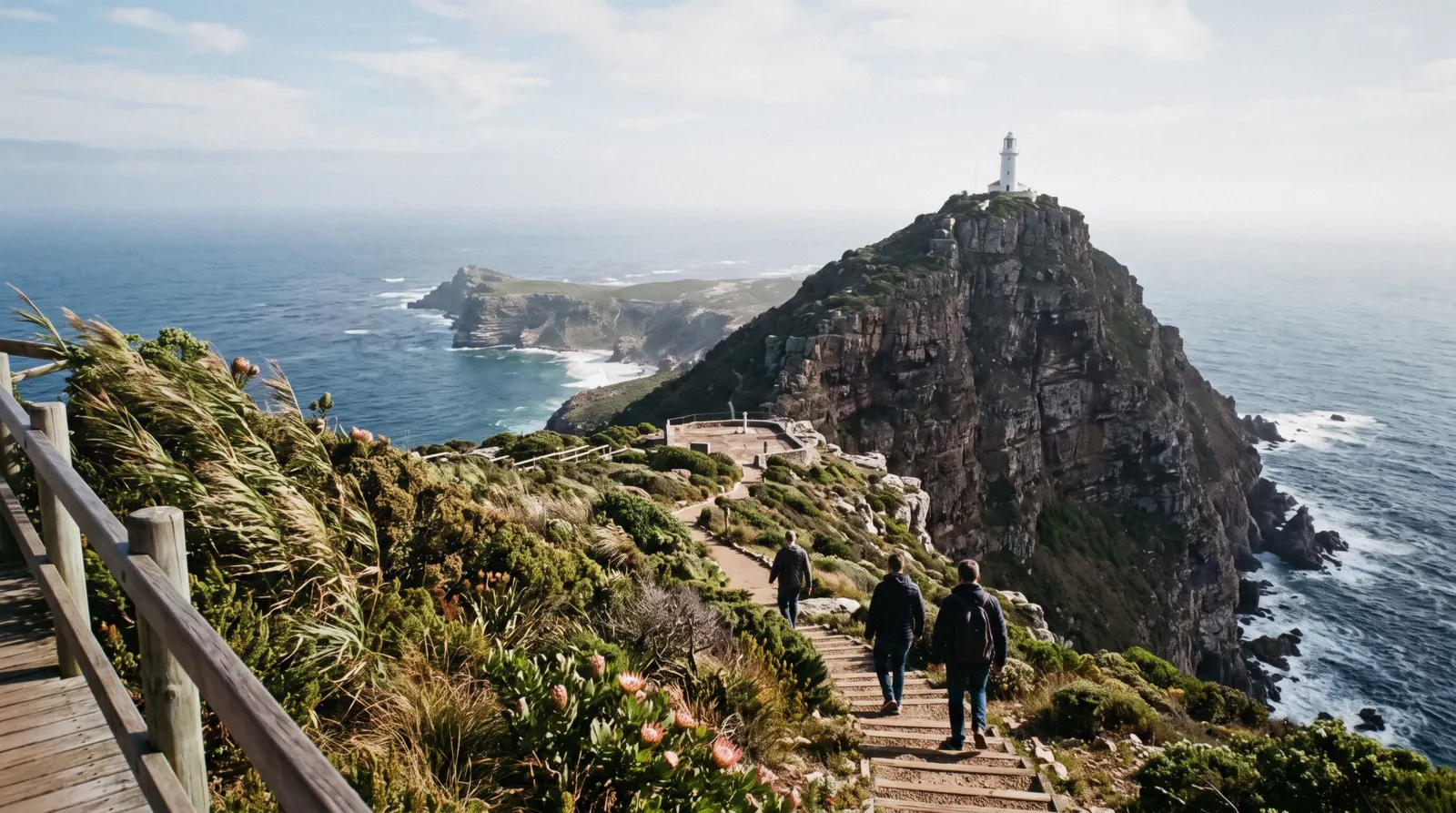 The old lighthouse platform above the cliffs at Cape Point at 08:40, fynbos slopes and the Cape of Good Hope headland beyond, Cape Point Nature Reserve