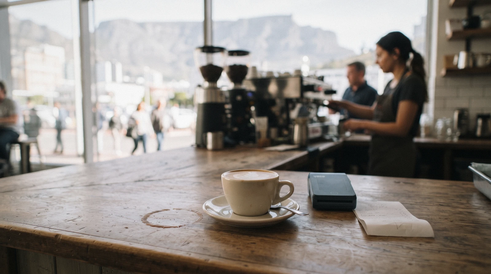 A card machine and flat white on a wooden counter in a Cape Town café, the everyday face of a cape town trip cost