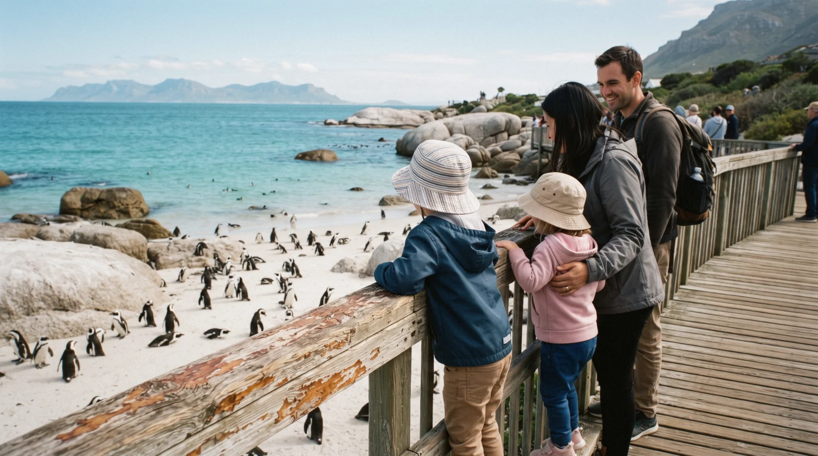 Two children watching penguins from the Boulders boardwalk with parents behind, an ordinary morning in cape town with kids
