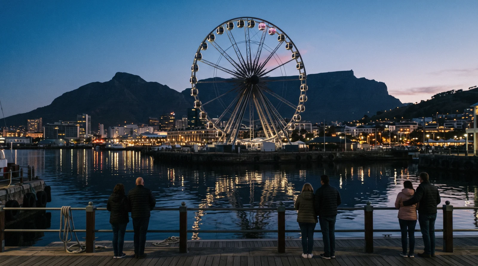 The illuminated Cape Wheel turning at dusk at the V&A Waterfront with Table Mountain silhouetted behind, Cape Wheel Cape Town