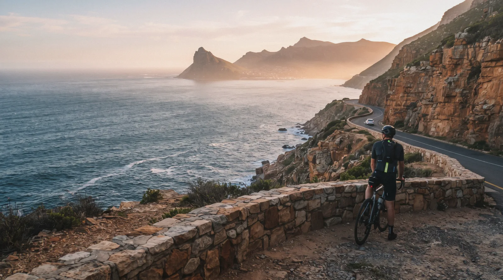 Chapman's Peak Drive curving along orange sandstone cliffs above the Atlantic at 17:30, Hout Bay's Sentinel peak across the water, Cape Town