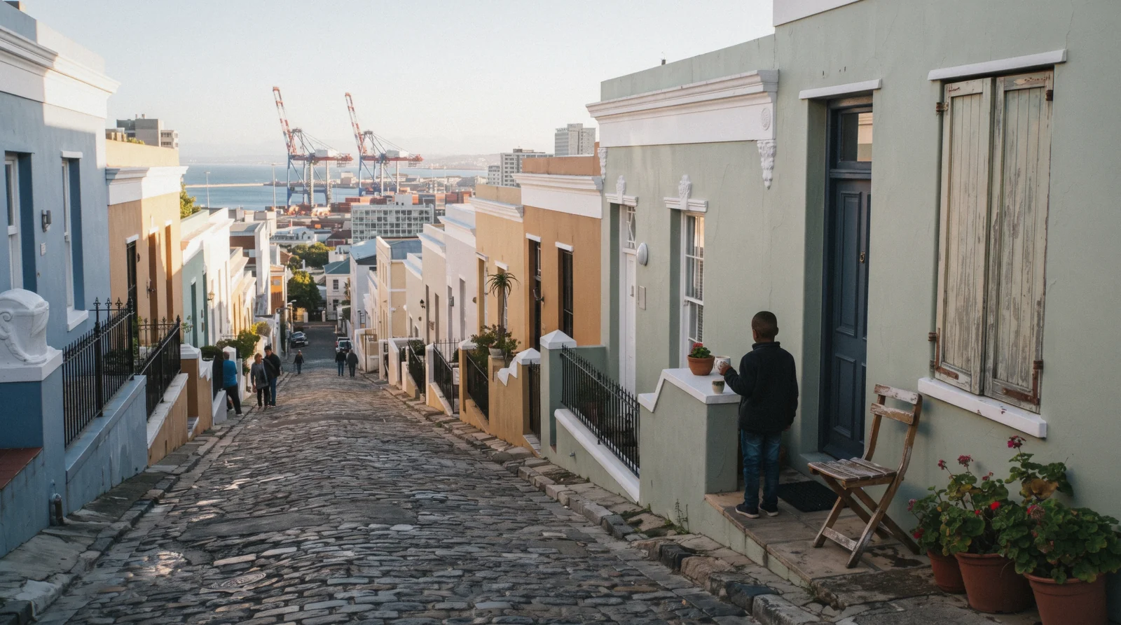 Cobbled lane of pastel cottages in De Waterkant Cape Town with the harbour cranes beyond