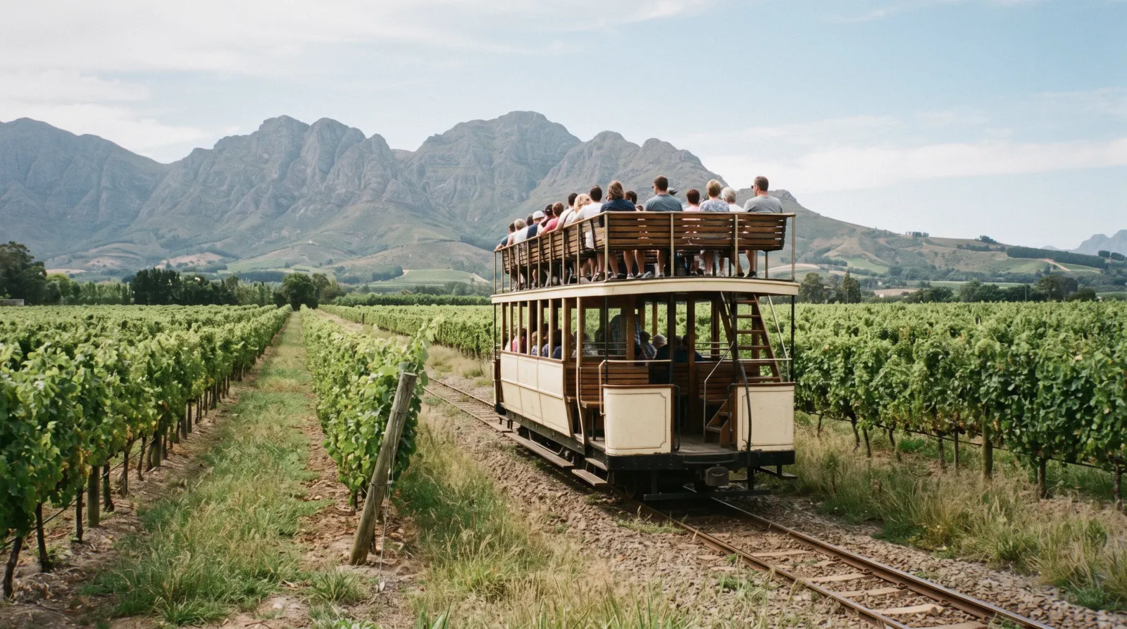 The open-sided Franschhoek wine tram rolling between vineyard rows below the Franschhoek mountains in morning light