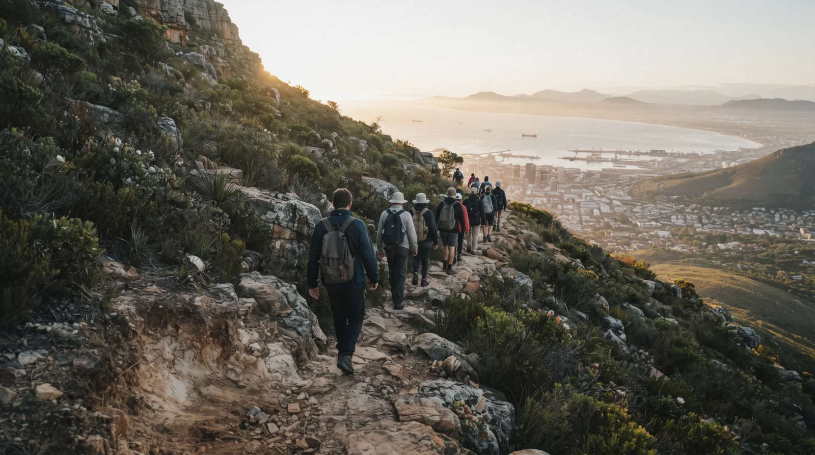 Walkers and runners on the wide seafront path at golden hour with Lion's Head above, the best of the free things to do in cape town