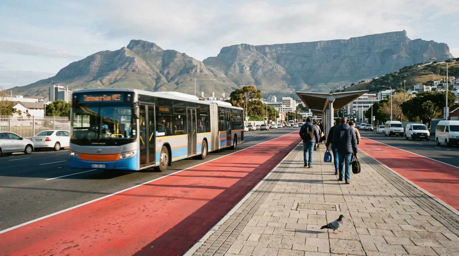 A MyCiTi bus pulling away from a city-centre stop below Table Mountain, getting around Cape Town by bus and ride-hail