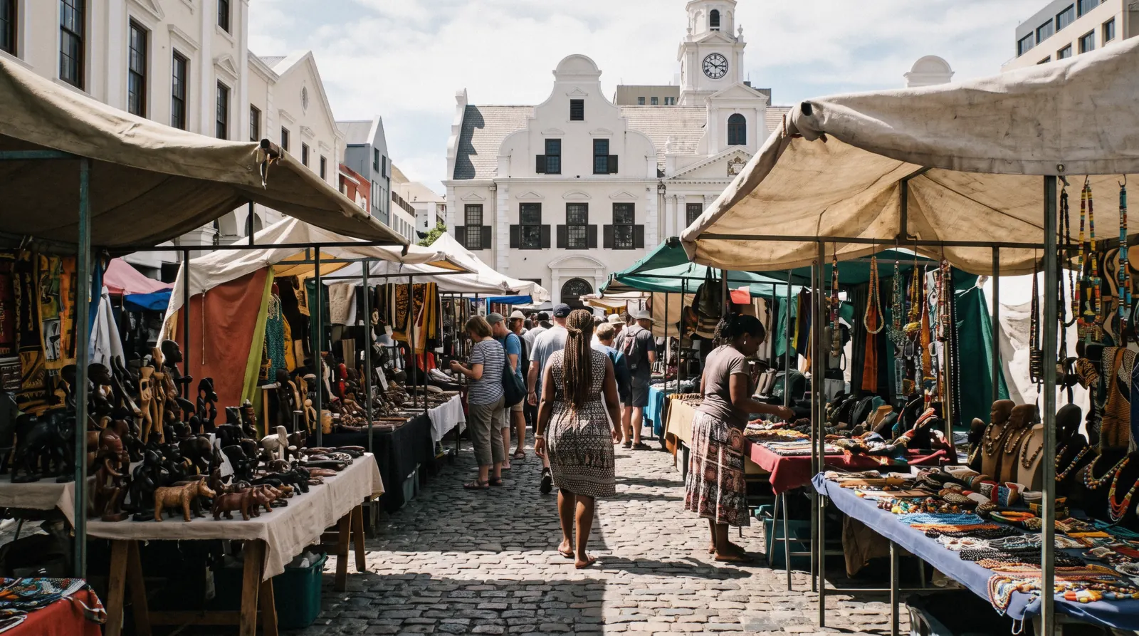 Craft market stalls on the cobbles of Greenmarket Square with the Old Town House behind, Cape Town