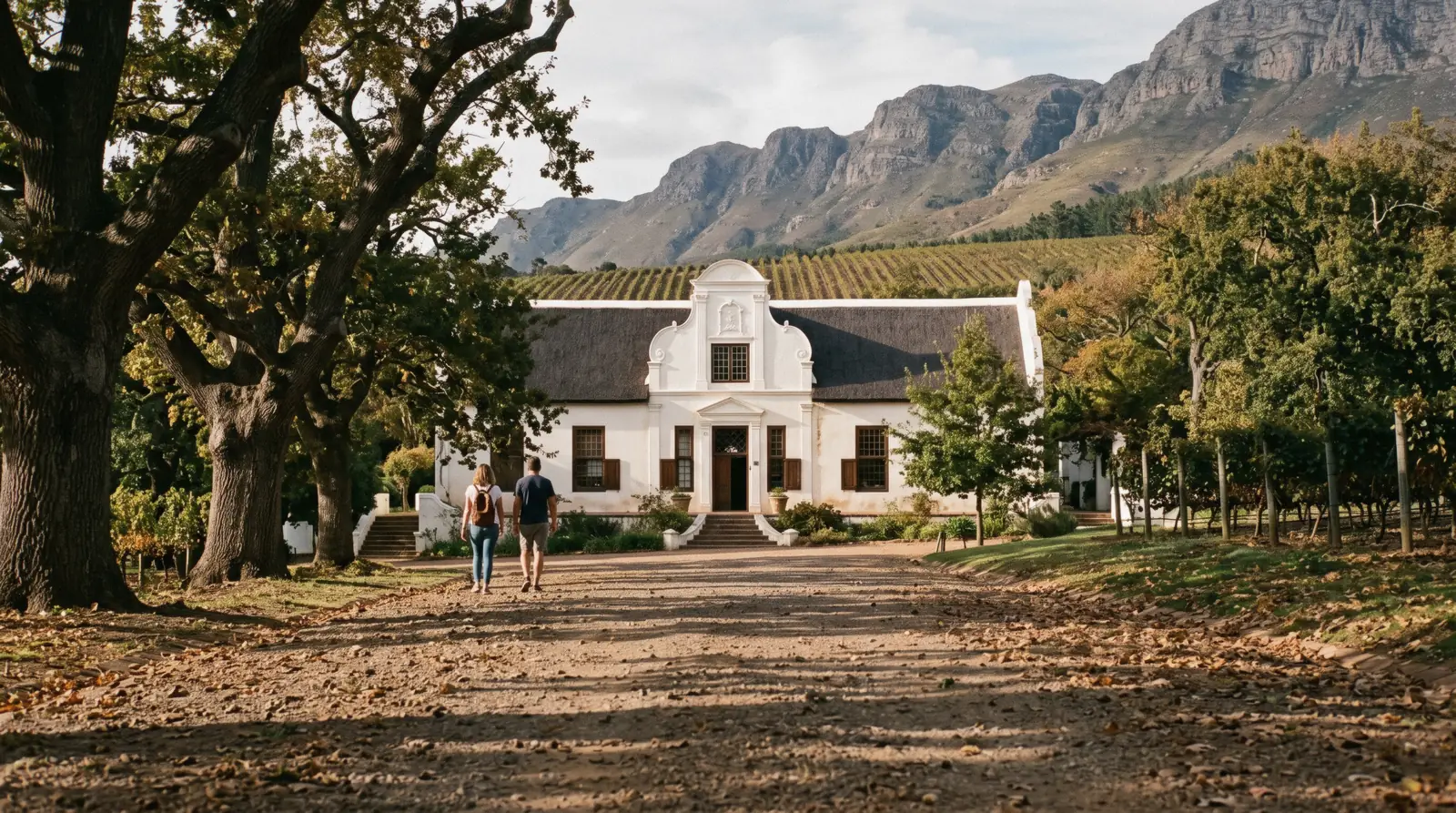 The Cape Dutch gable of the Groot Constantia manor house behind old oaks with vineyard rows on the slope, Groot Constantia wine estate Cape Town