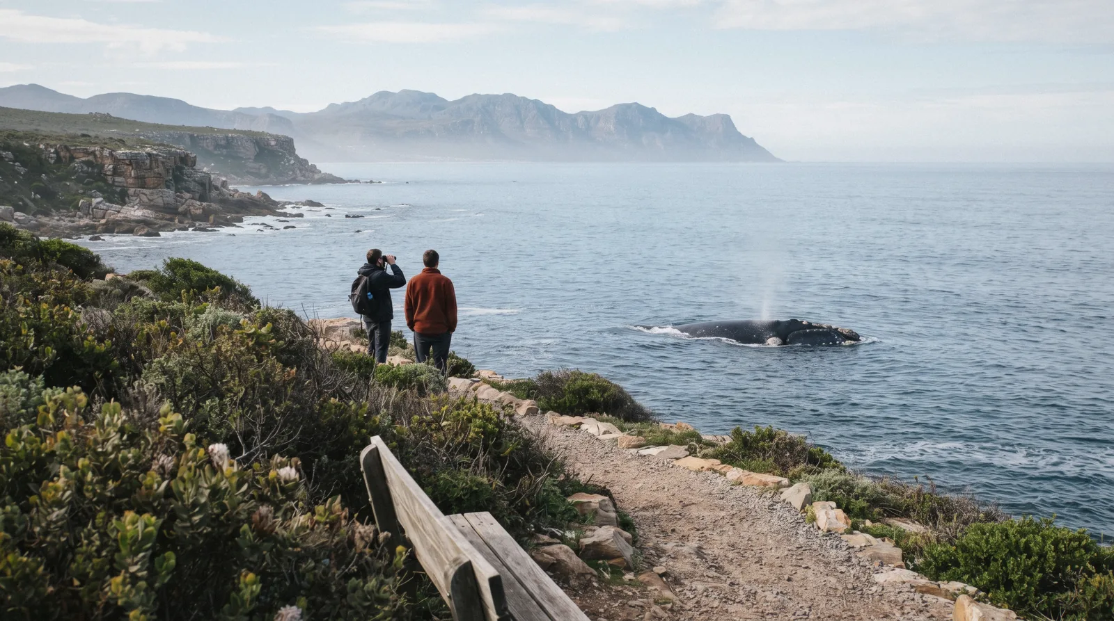 Southern right whale breaching in Walker Bay seen from the Hermanus cliff path during whale season