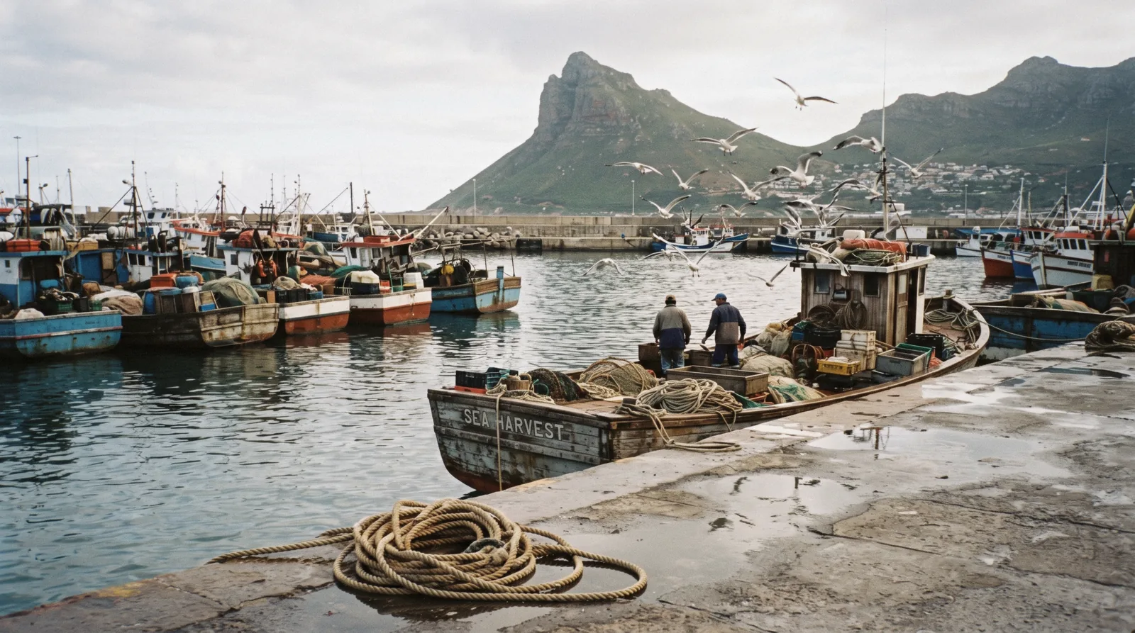 Fishing boats moored in Hout Bay harbour at 08:20 with the Sentinel peak rising behind the breakwater, Hout Bay, Cape Town
