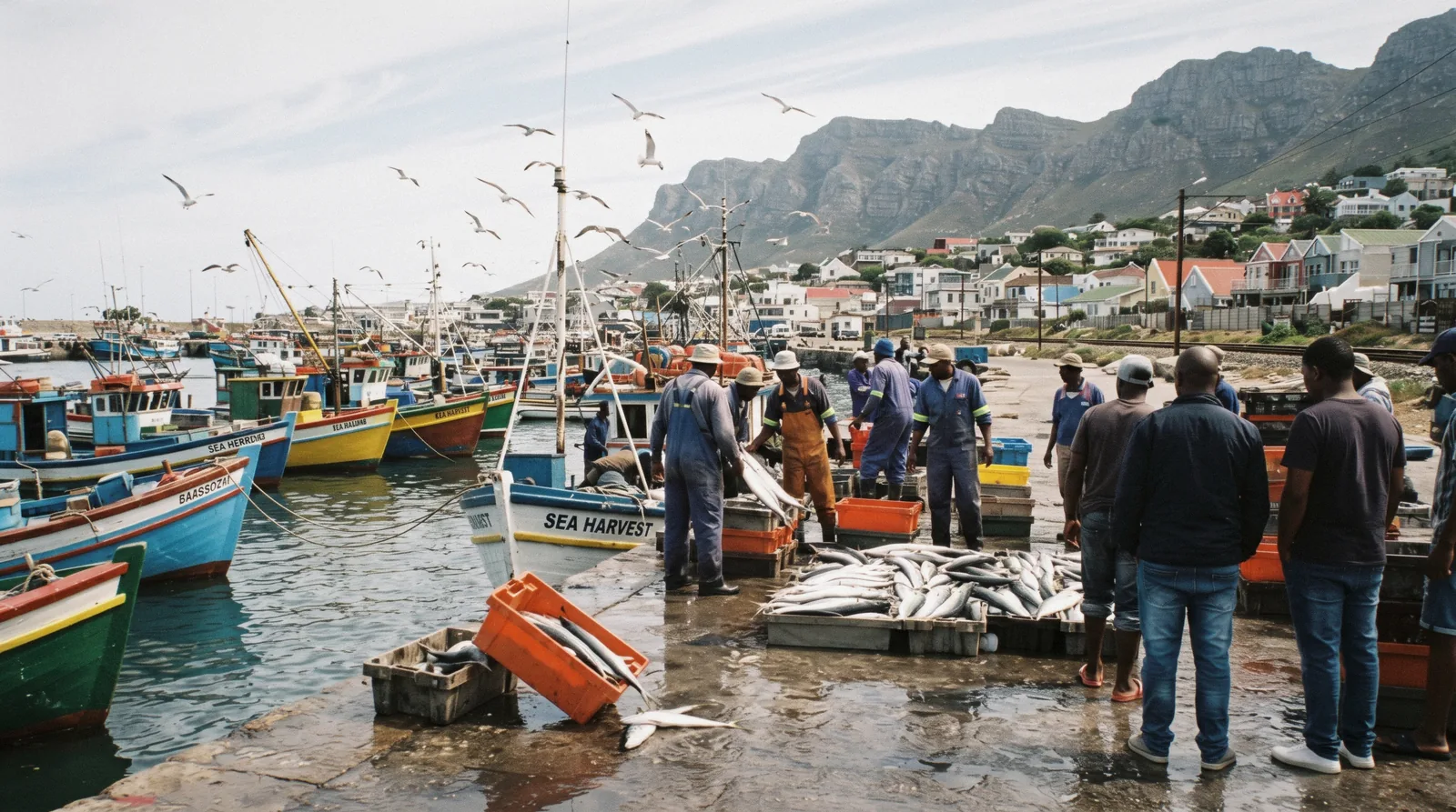Wooden fishing boats unloading at Kalk Bay harbour at 12:30 with gulls overhead and the mountains behind Main Road, Kalk Bay, Cape Town