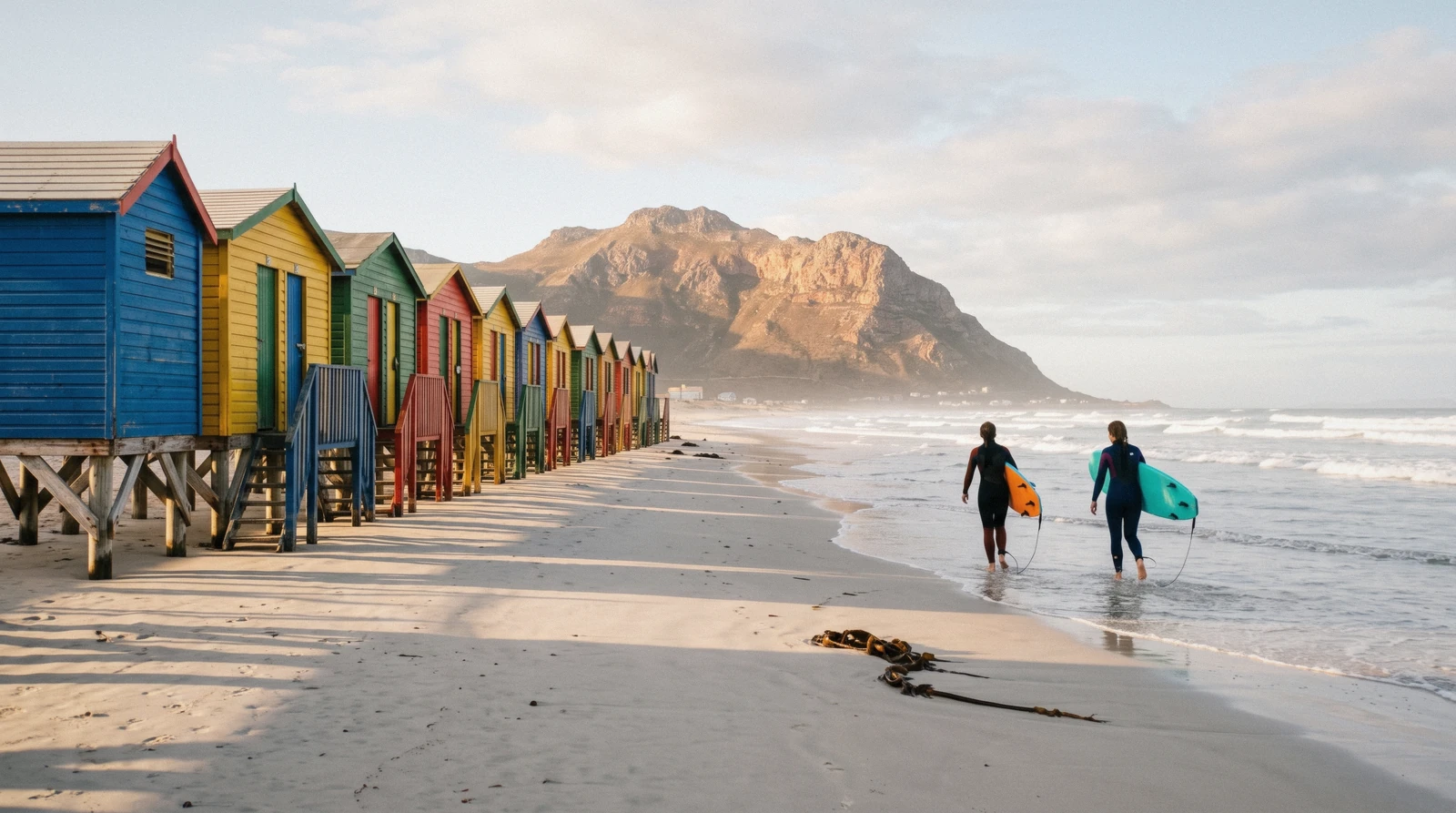 The painted Victorian bathing boxes on Muizenberg beach at 07:50 with beginner surfers carrying soft-tops to the water, Muizenberg, Cape Town