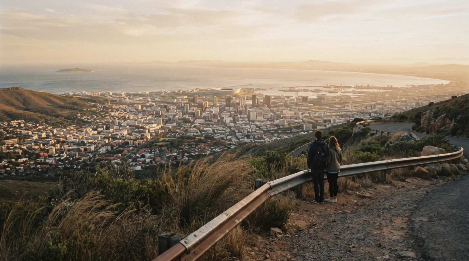 Cape Town neighborhoods seen from Signal Hill with the city grid and the seaboard curving below