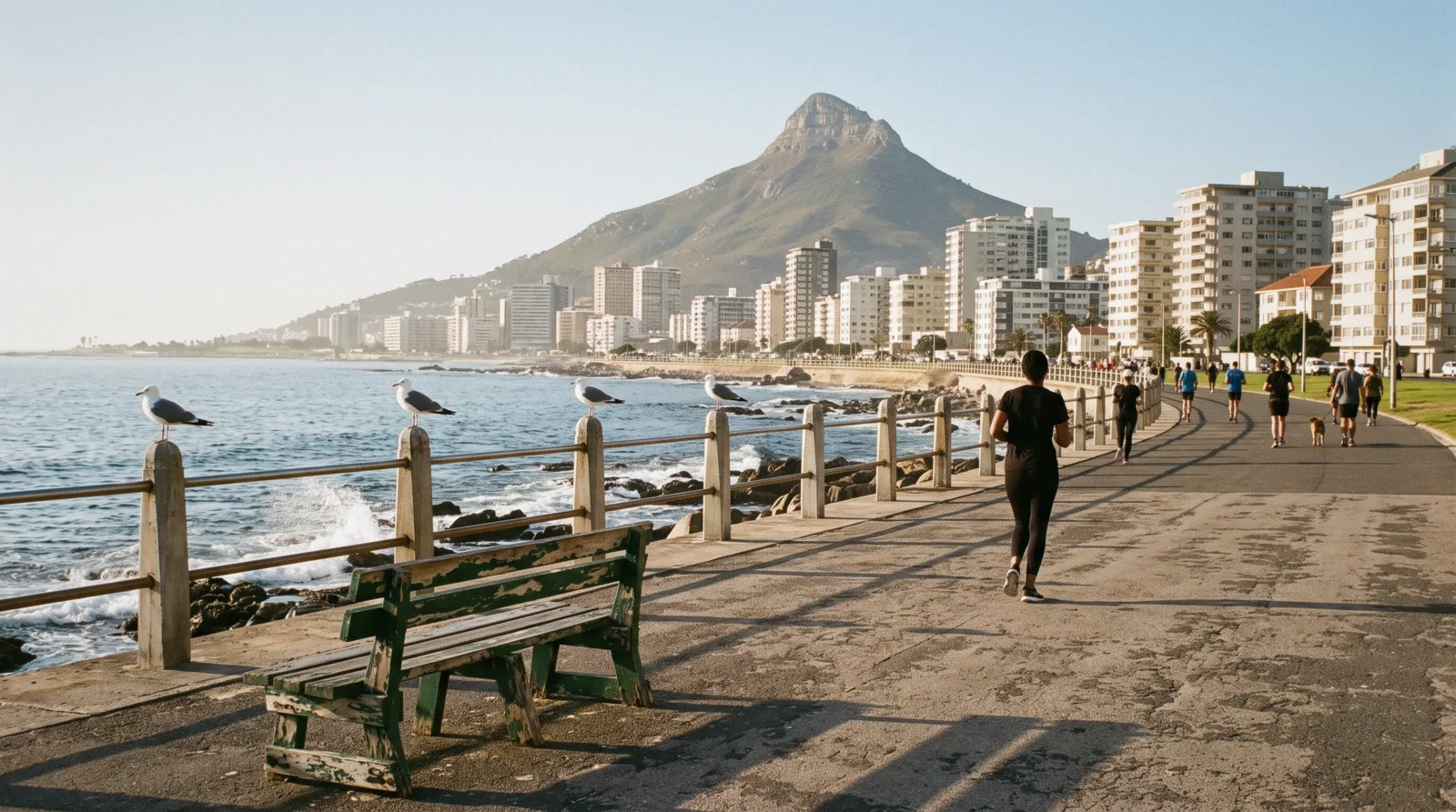 Morning walkers on the Sea Point promenade below Lion's Head, the everyday scene behind the question is Cape Town safe