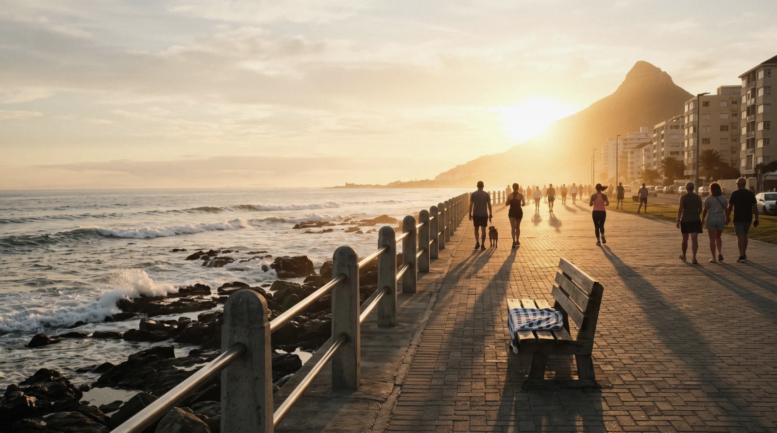 Runners and walkers on the wide Sea Point Promenade at golden hour with the Atlantic breaking on the rocks and Lion's Head above