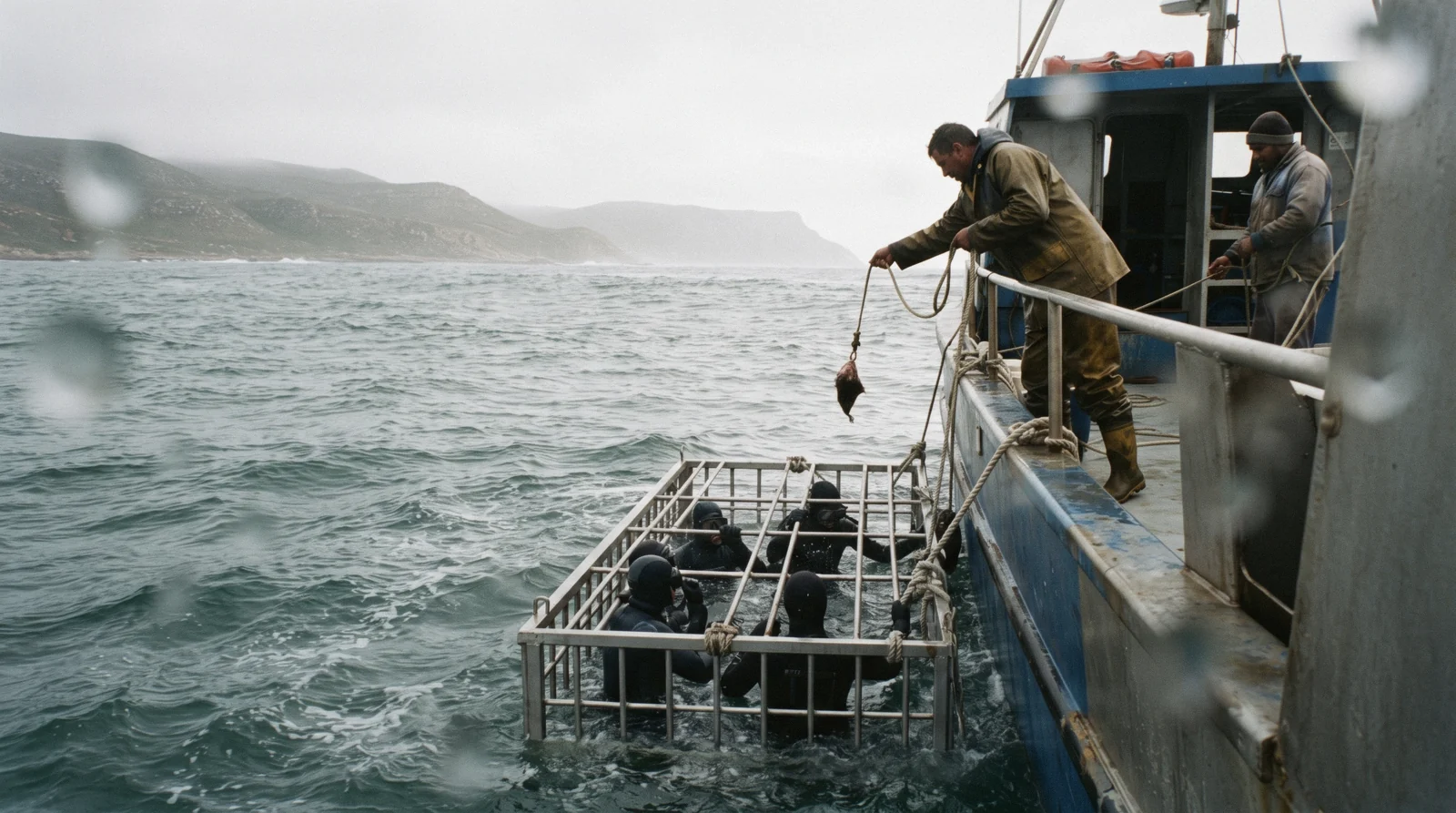 Surface cage on a shark cage diving boat off Gansbaai with divers waiting for a shark to pass