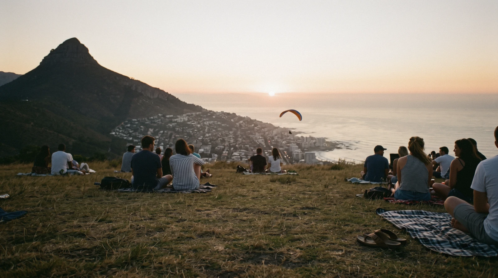 Picnic blankets on the grass slope at the Signal Hill viewpoint as the sun drops toward the Atlantic, Signal Hill Cape Town