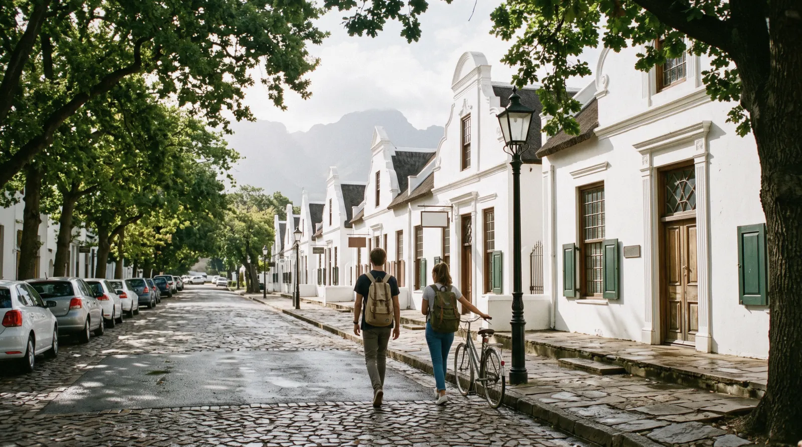 Oak-lined Dorp Street with Cape Dutch gables in morning light on a Stellenbosch day trip from Cape Town