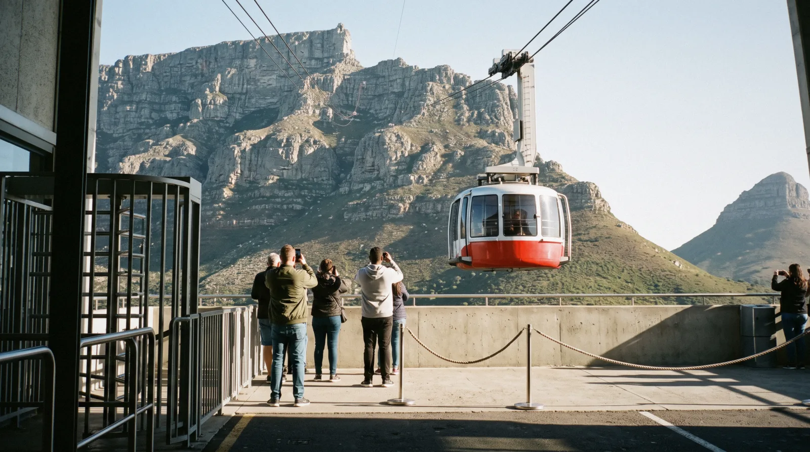 Cable car leaving the Lower Station on Tafelberg Road, where Table Mountain Cableway tickets are checked before boarding