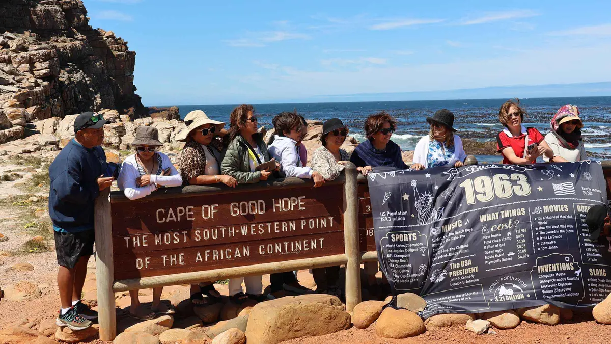African penguins on the boardwalk at Boulders Beach during a Cape Point day tour from Cape Town