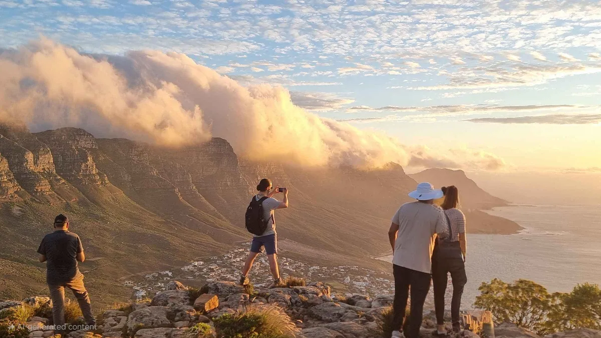 Hikers watching sunset over the Atlantic from the Lion's Head summit trail, Cape Town
