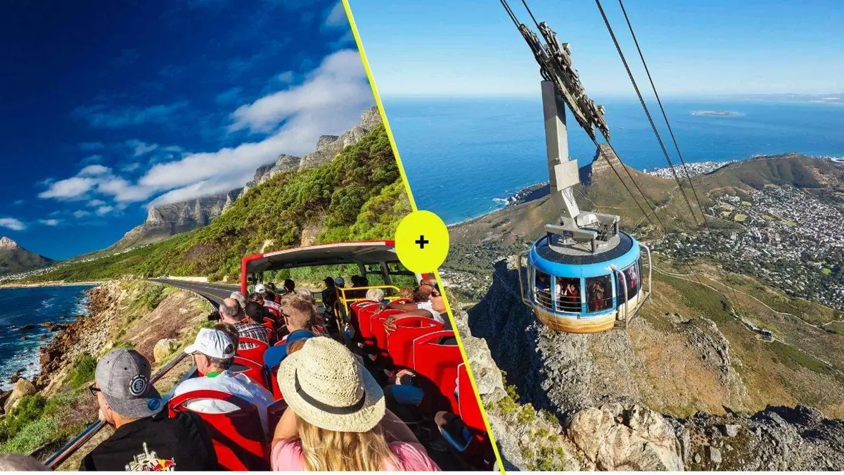 Red open-top sightseeing bus below Table Mountain on a cableway and bus combo ticket day, Cape Town