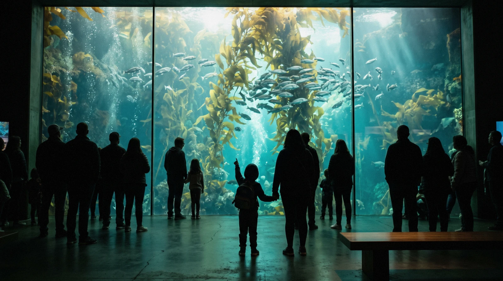 Silhouettes of visitors in front of the tall kelp forest tank at the Two Oceans Aquarium in Cape Town