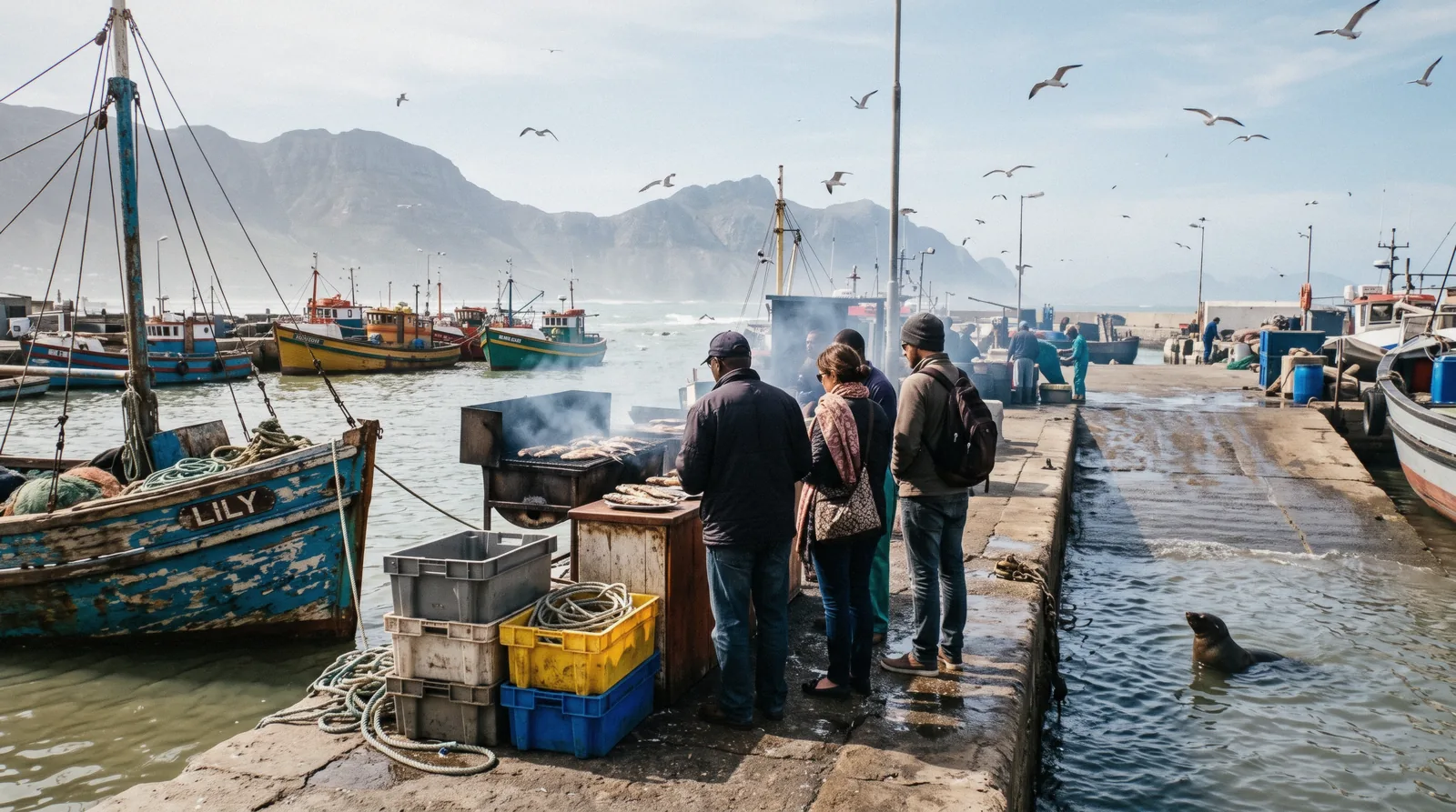 A fish braai smoking beside moored boats at a harbour at lunchtime, the honest heart of cape town restaurants